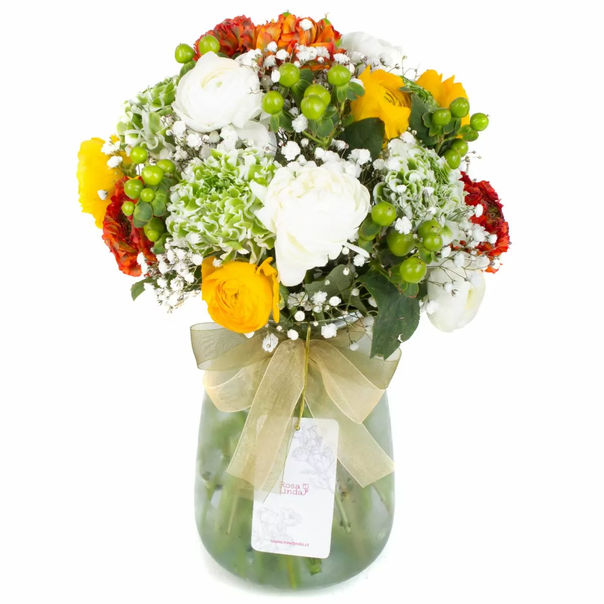 Foto principal Artemisa - Florero transparente con ranúnculos, hypericum verde y gypso