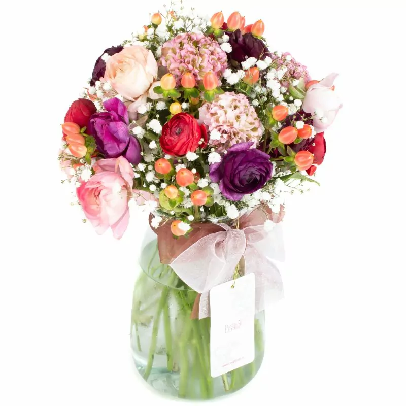 Foto 4 Hera - Florero transparente con ranúnculos, hypericum rosado y gypso