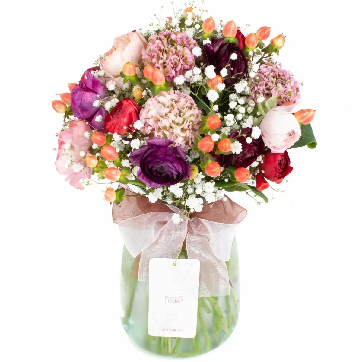 Foto principal Hera - Florero transparente con ranúnculos, hypericum rosado y gypso