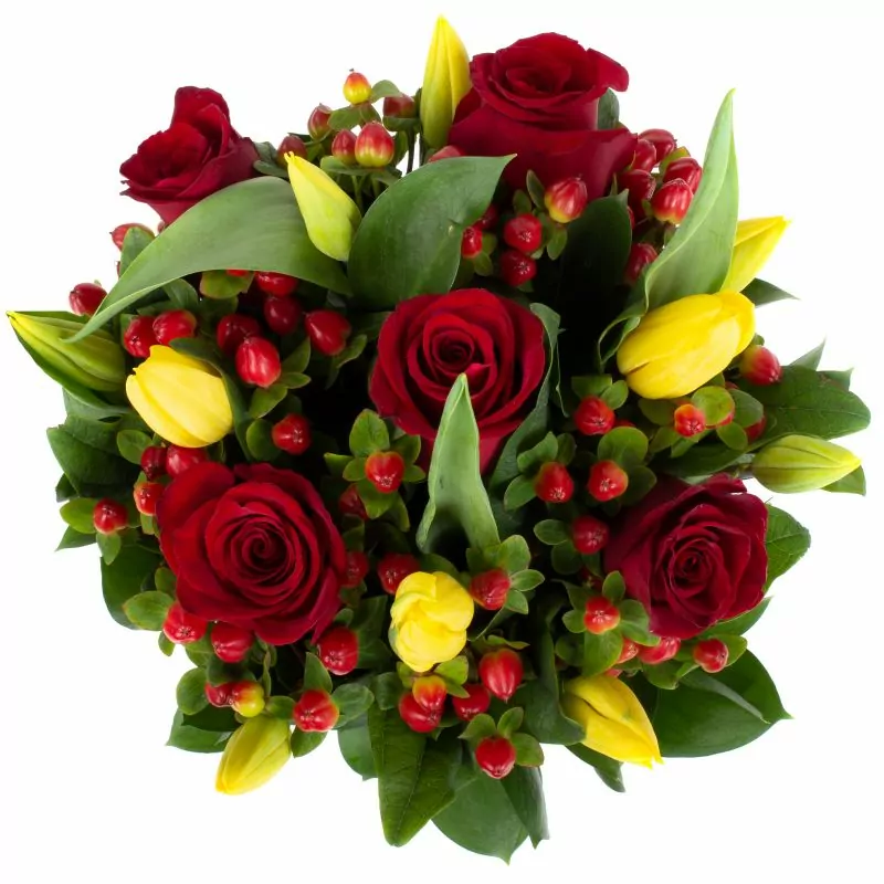 Foto 2 Pequeña Isidora Rojo Amarillo - Florero gris con rosas, tulipanes e hypericum