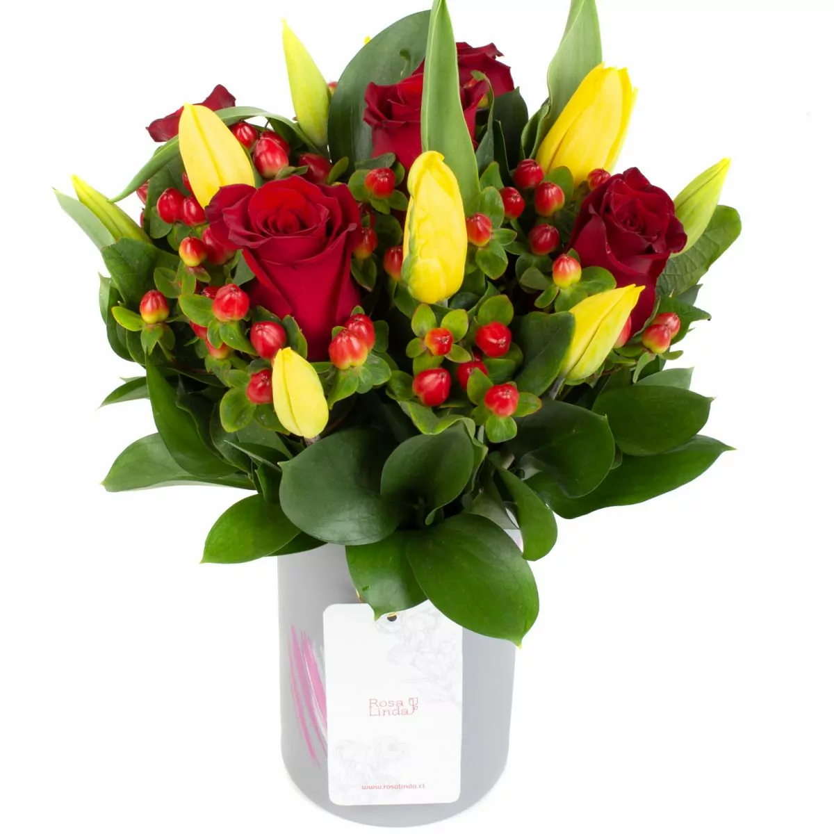 Foto principal Pequeña Isidora Rojo Amarillo - Florero gris con rosas, tulipanes e hypericum