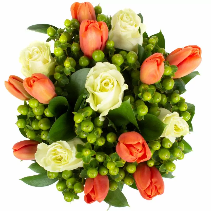 Foto 2 Pequeña Isidora Blanco Naranjo - Florero gris con rosas, tulipanes naranjos e hypericum