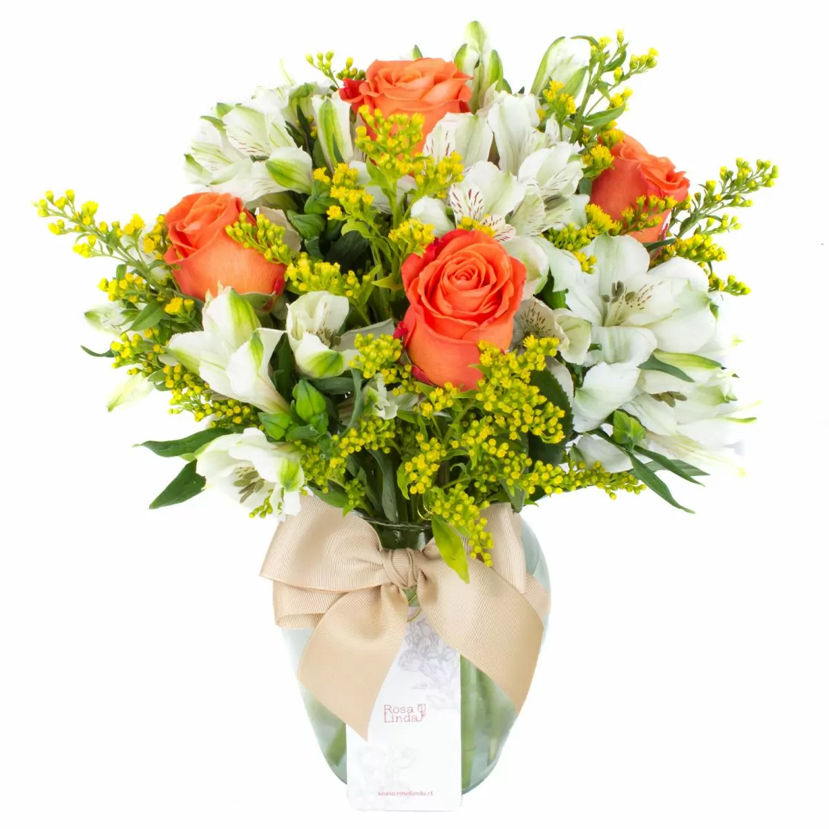 Foto principal Ágata Naranjo y Blanco - Florero transparente con rosas, astromelias y solidago