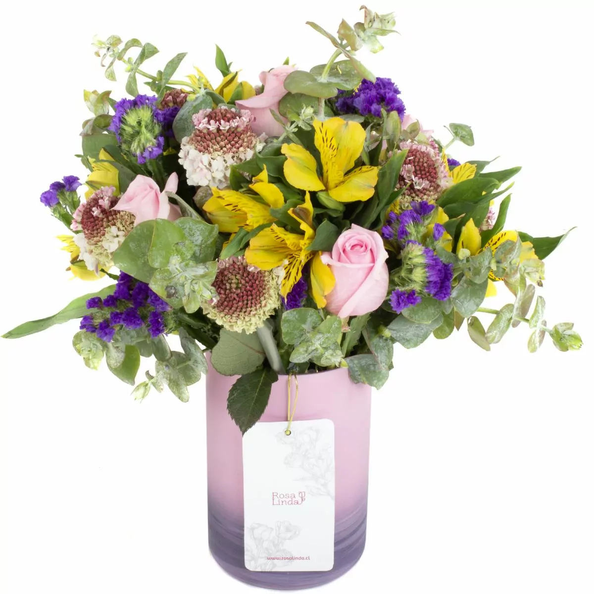 Foto principal Campos de Monet amarillo - Florero rosado con rosas, escabiosa, astromelias y eucalipto