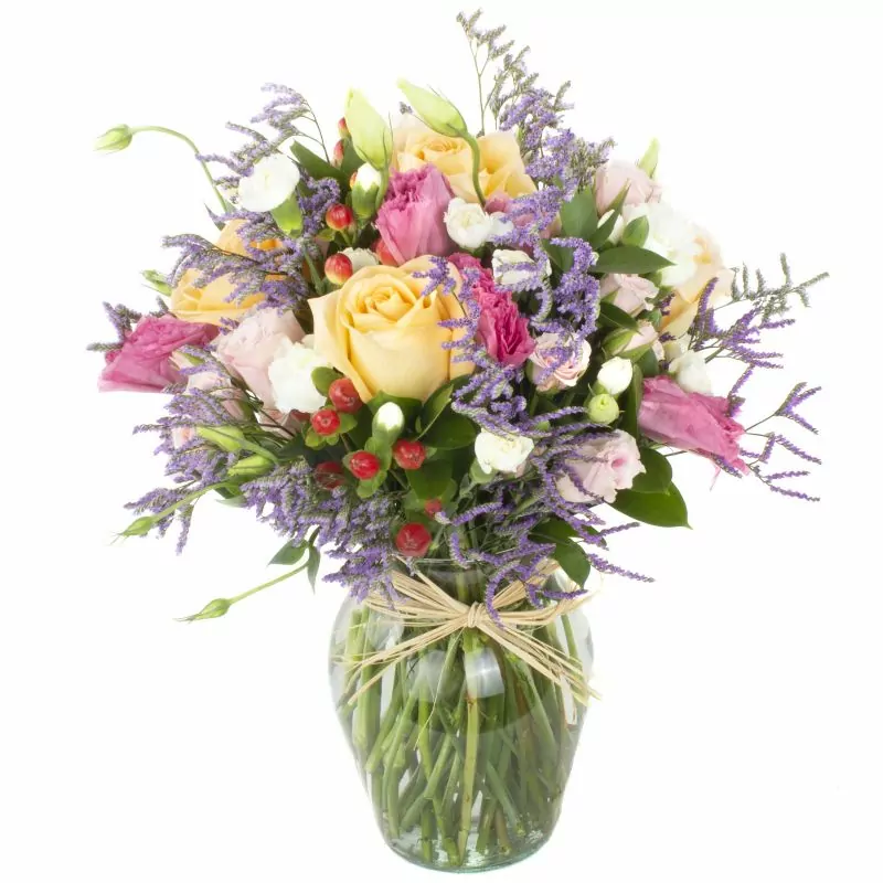 Belleza Tenue - Florero transparente con rosas damasco, miniclaveles, lisianthus y limonium