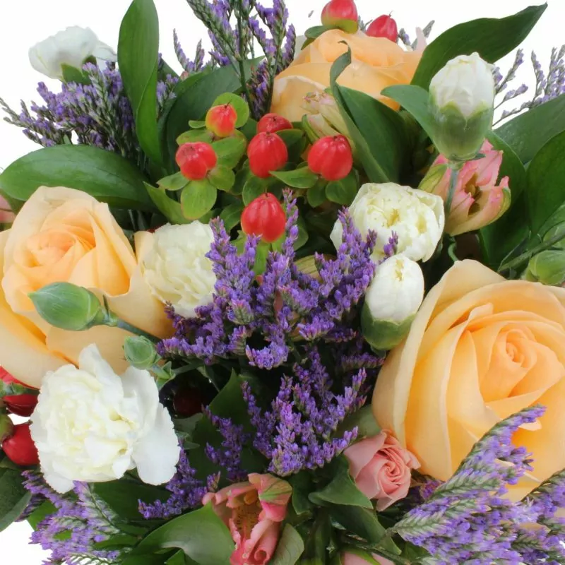 Foto 3 Belleza Tenue - Florero transparente con rosas damasco, miniclaveles, lisianthus y limonium