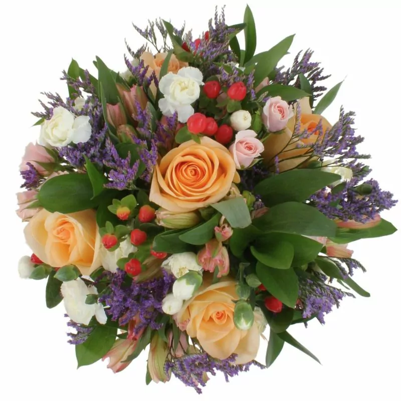 Foto 5 Belleza Tenue - Florero transparente con rosas damasco, miniclaveles, lisianthus y limonium