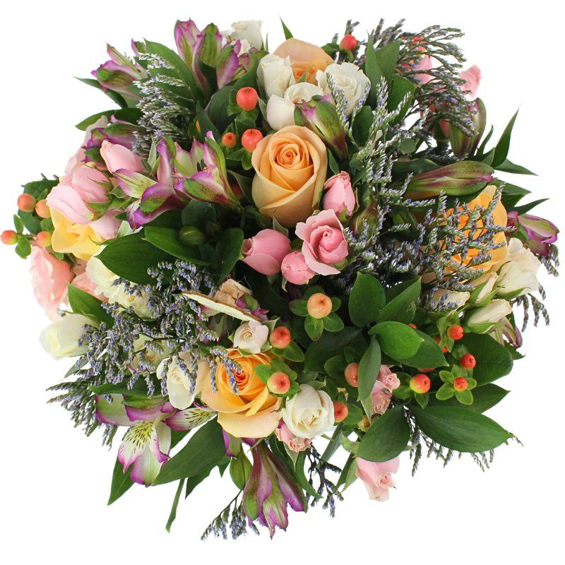 Foto 2 Belleza Tenue en Florero transparente con rosas damasco, mini claveles, astromelias y limonium - Flores a domicilio Foto 2 Belleza Tenue en Florero transparente con rosas damasco, mini claveles, astromelias y limonium - Flores a domicilio