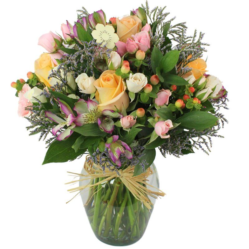 Foto 4 Belleza Tenue en Florero transparente con rosas damasco, mini claveles, astromelias y limonium - Flores a domicilio Foto 4 Belleza Tenue en Florero transparente con rosas damasco, mini claveles, astromelias y limonium - Flores a domicilio