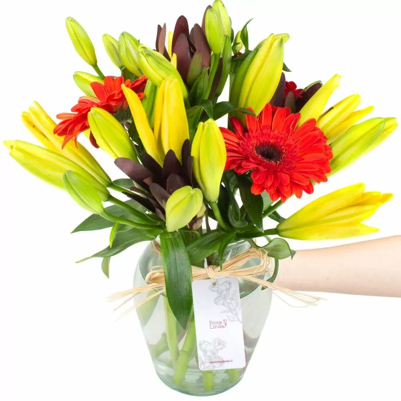 Foto 2 Daisy Rojo Amarillo - Florero transparente con liliums amarillos, gerberas naranja y leucadendros