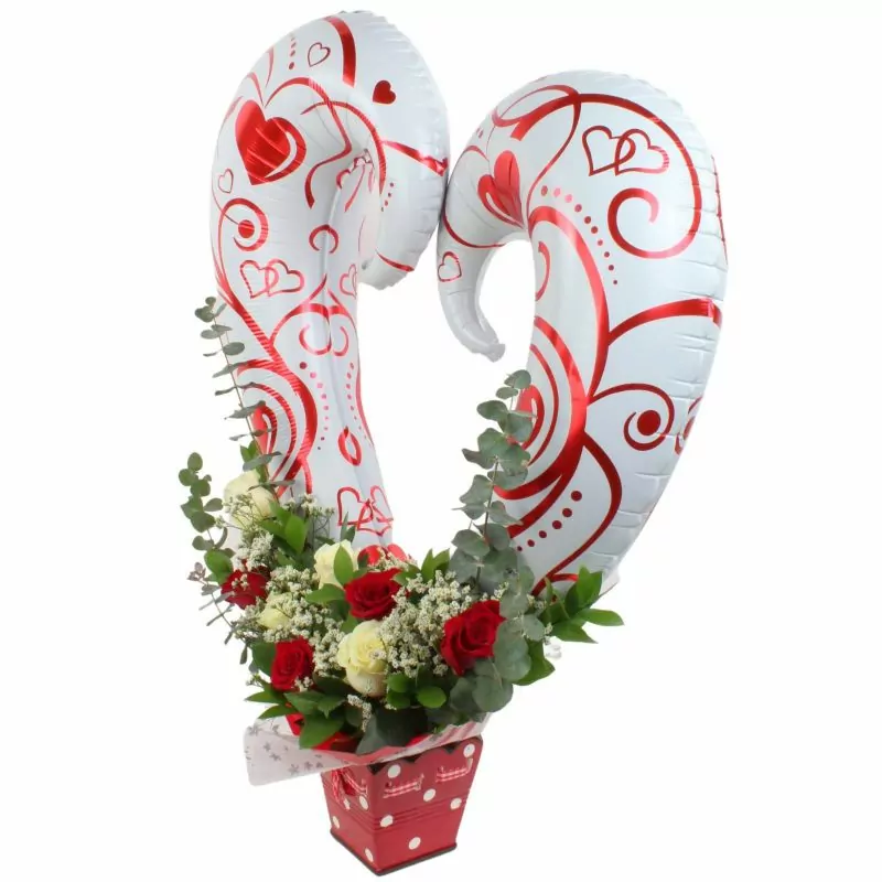 Foto 5 Arreglo floral Globo corazón - Globo corazón, rosas rojas y blancas en base de cerámica roja
