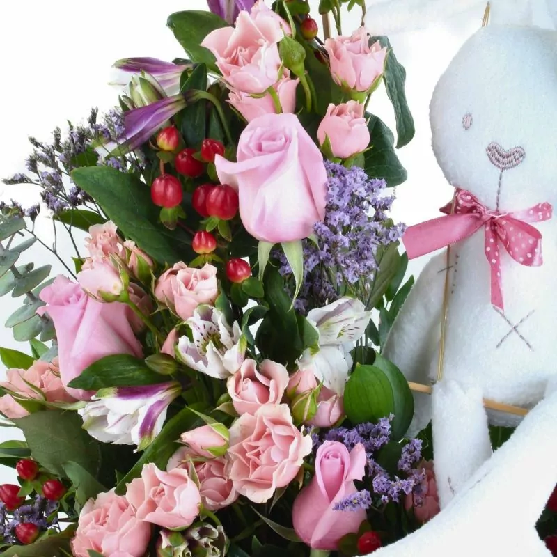 Foto 4 Conejita en el jardín - Florero cuadrado de cerámica gris con peluche de conejita blanca