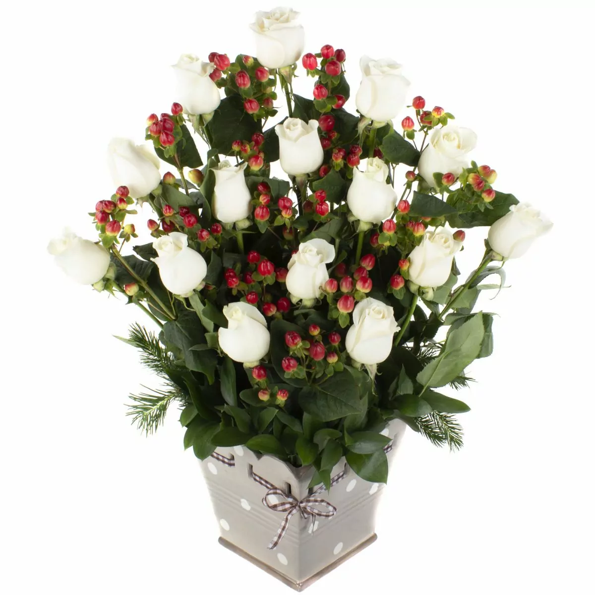 Foto principal Jardín de Rosas Blanco - Arreglo floral con 15 rosas blancas e hypericum