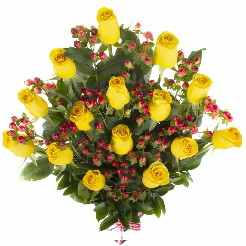 Foto 2 Jardín de Rosas Amarillo - Arreglo floral con 15 rosas amarillas e hypericum