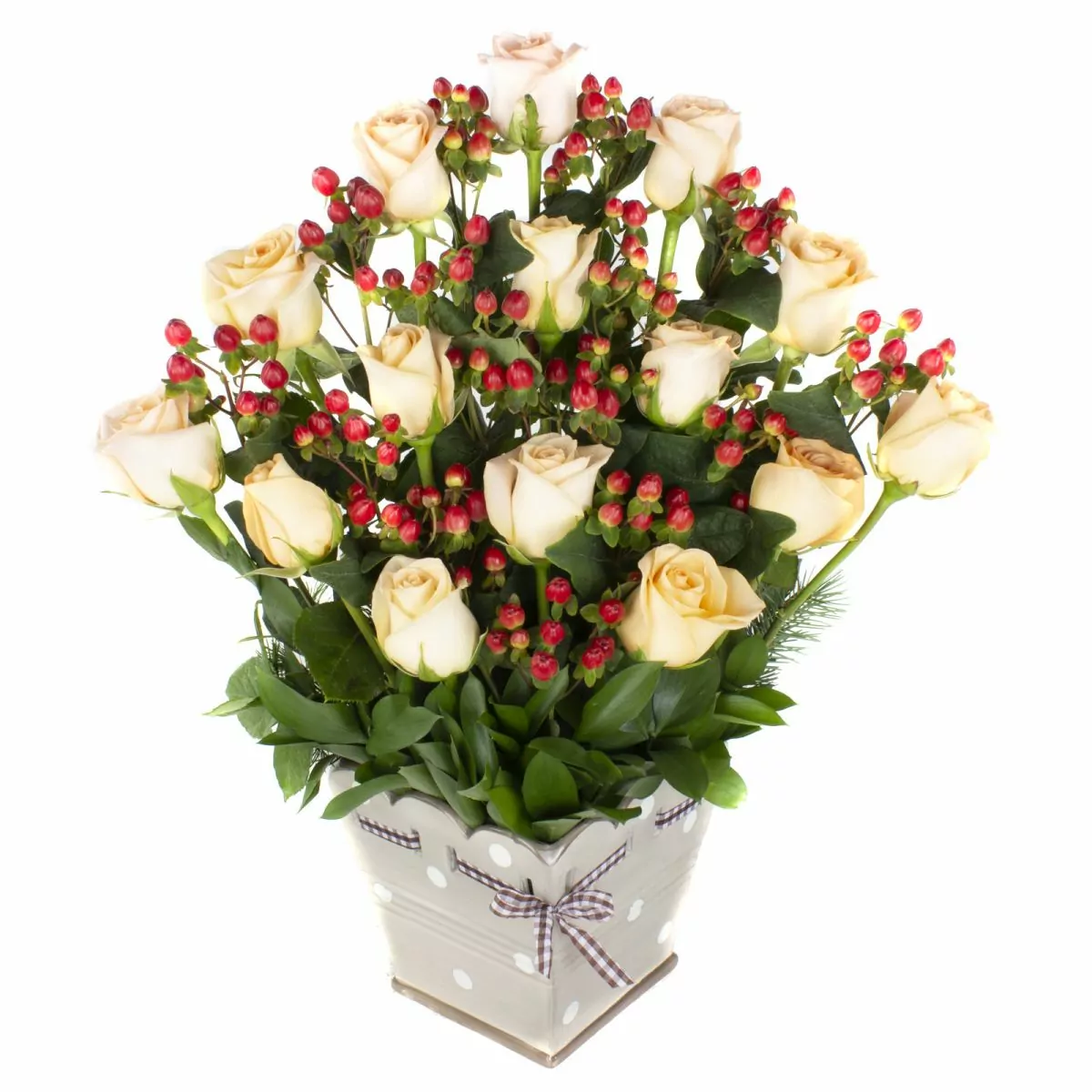 Foto principal Jardín de Rosas damasco - Arreglo floral con 15 rosas damasco e hypericum