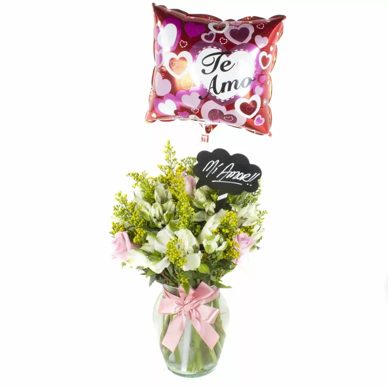 Cupido rosado - florero con rosas ecuatorianas rosadas, astromelias, solidago y globo te amo
