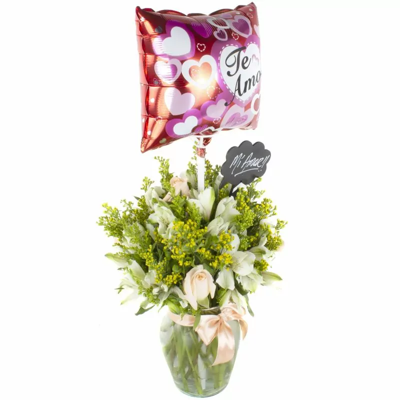 Foto 3 Cupido damasco - Florero con rosas ecuatorianas damasco, astromelias, solidago y globo te amo