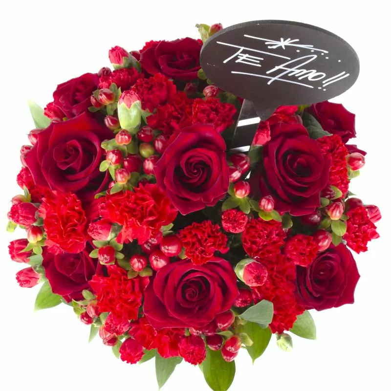Foto 2 Romance - Florero con rosas rojas, hypericum, miniclaveles y pizarra