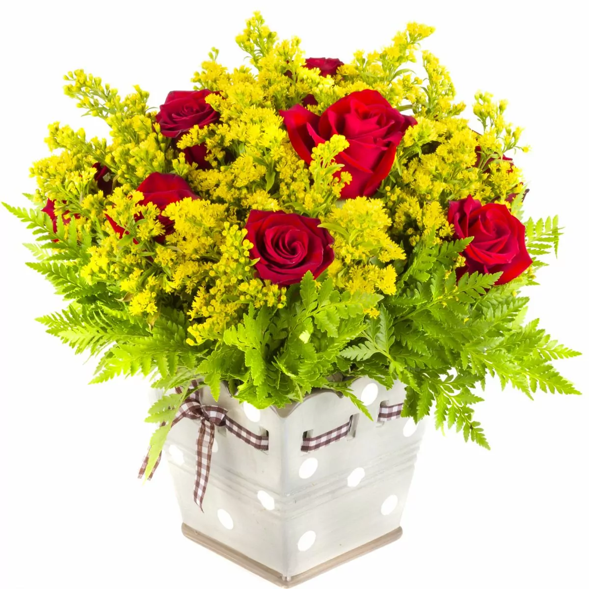 Foto principal Ariel Rojo - Arreglo floral con rosas rojas y solidago amarillo