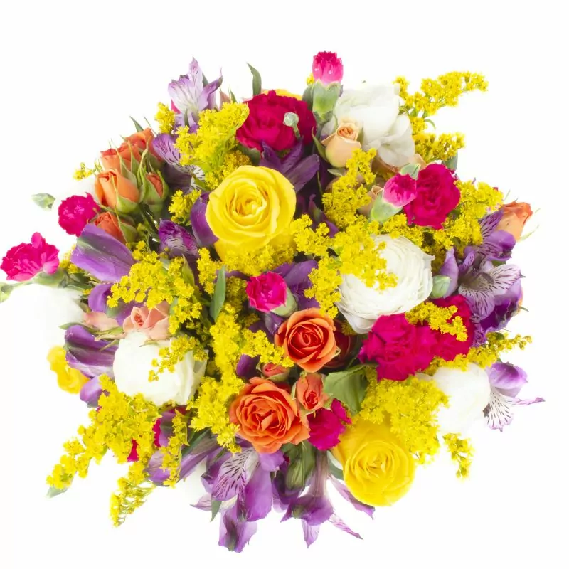 Foto 4 Ninfa - Florero con ranúnculos, rosas ecuatorianas amarillas, miniclaveles, solidago y astromelias