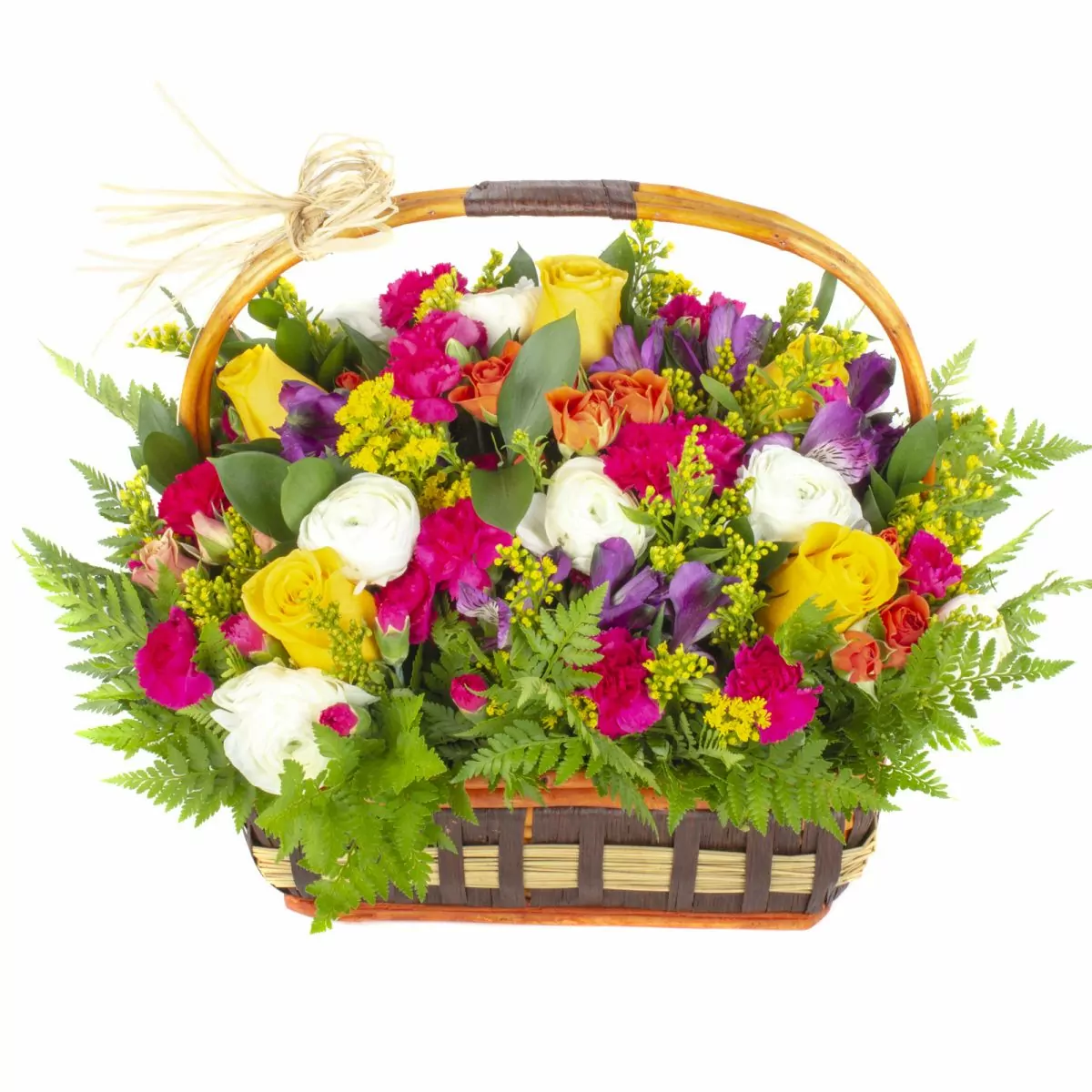Foto principal Ninfa en Canasto - canasto con ranúnculos, rosas ecuatorianas amarillas, miniclaveles, solidago y astromelias