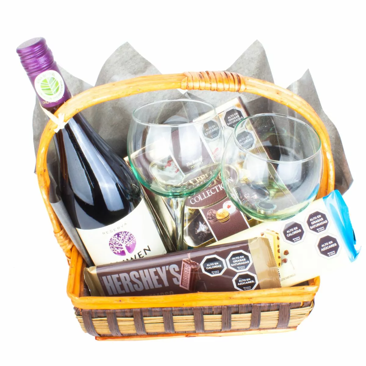 Foto principal Set de regalo Buen día - Canasto de regalo con vino Aliwen Pinot y chocolates