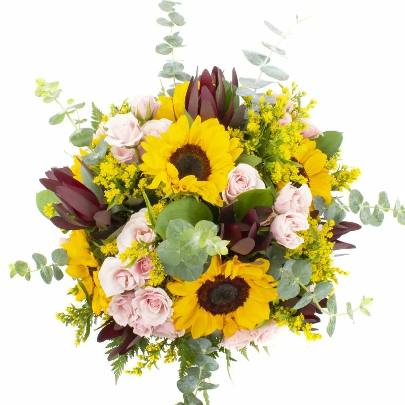 Foto 2 Solsticio - Arreglo floral en lechero vintage con girasoles, leucadendros, minirosas, eucalipto y solidago