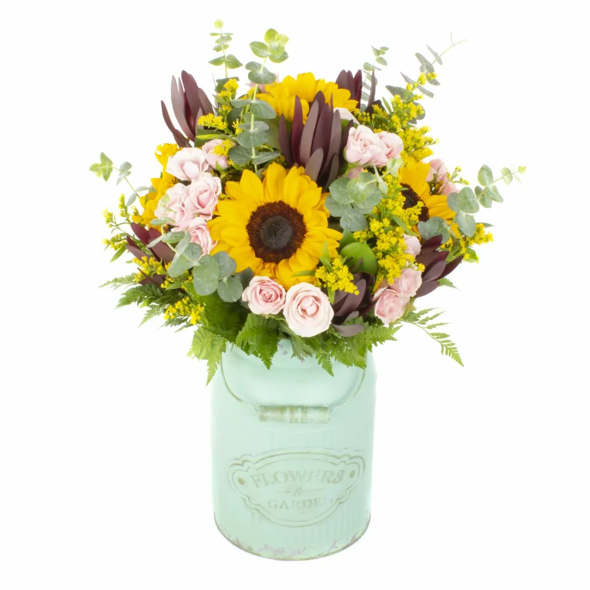 Foto principal Solsticio - Arreglo floral en lechero vintage con girasoles, leucadendros, minirosas, eucalipto y solidago
