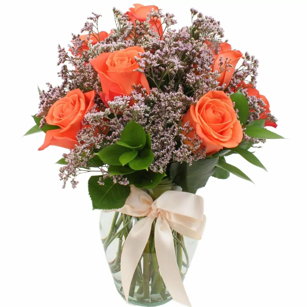 Foto principal Pequeña Maria Rosas Naranjo - Florero con 10 rosas ecuatorianas naranjo y limonium