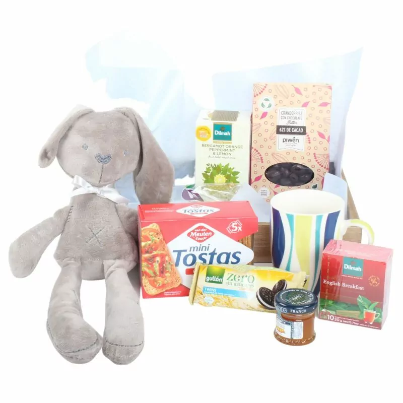 Foto 3 Brunch Nacimiento Es un niño - Bandeja con globo, peluche conejito, té, infusiones, galletas y semillas