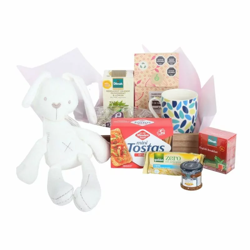 Foto 4 Brunch Nacimiento Es una niña - Bandeja con globo, peluche conejita, té, infusiones, galletas y semillas