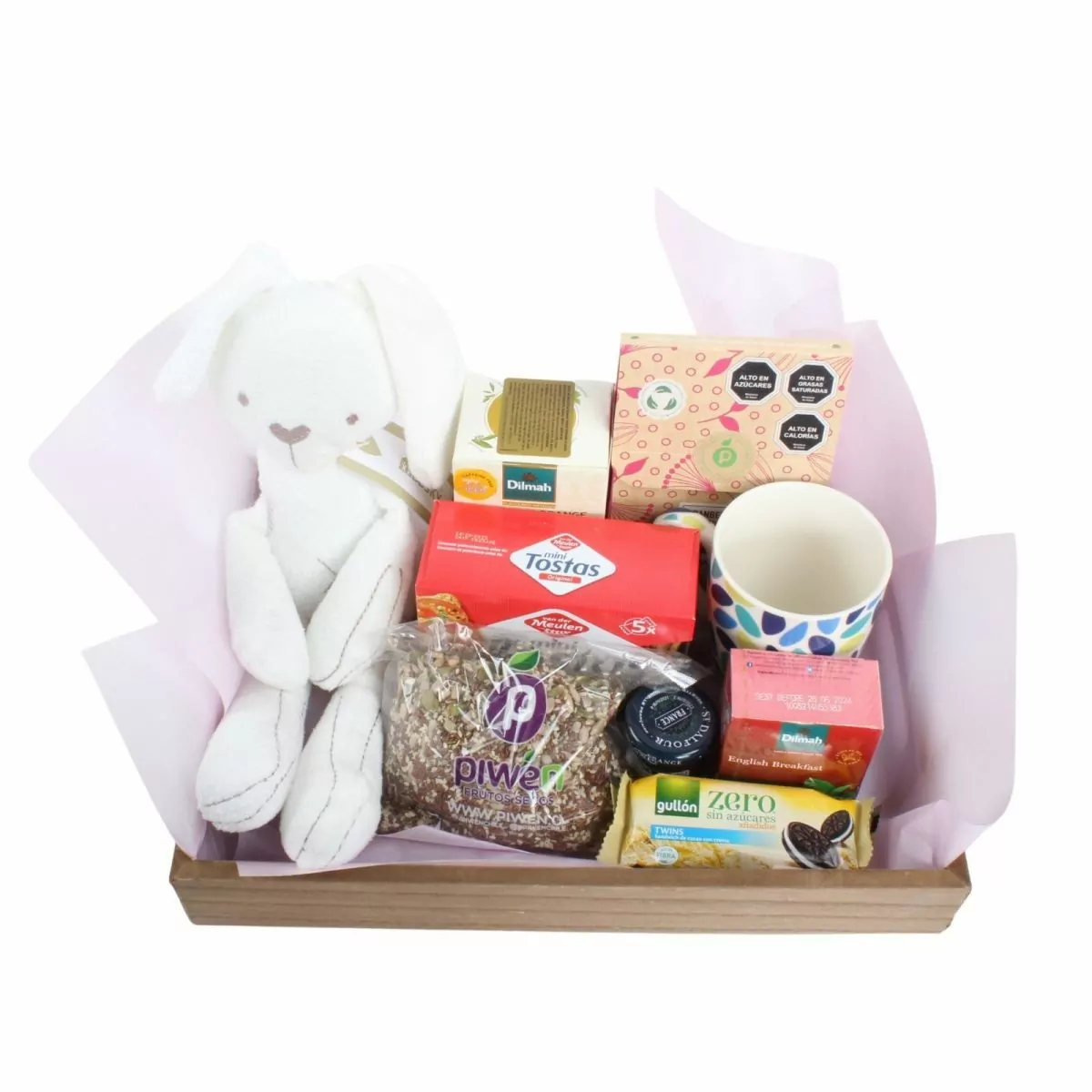 Foto principal Brunch Nacimiento Es una niña - Bandeja con globo, peluche conejita, té, infusiones, galletas y semillas