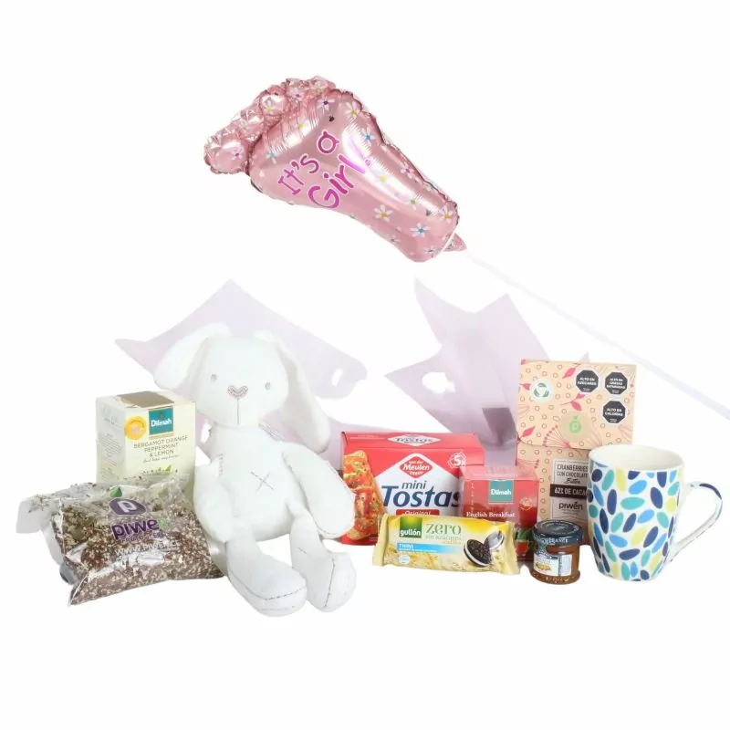 Foto 5 Brunch Nacimiento Es una niña - Bandeja con globo, peluche conejita, té, infusiones, galletas y semillas