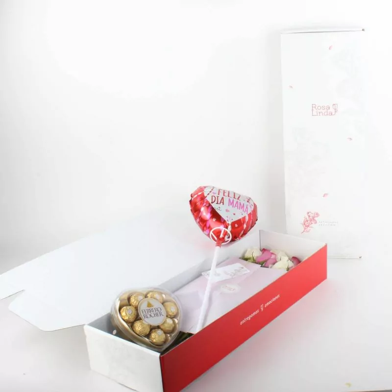 Foto 2 Pack FlowerBox Día de la Madre - Caja con 8 rosas mix amarillo y blanco, Ferrero Rocher corazón 100g y globo Feliz día Mamá