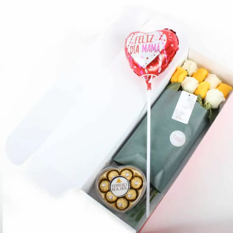 Foto 3 Pack FlowerBox Día de la Madre - Caja con 8 rosas mix amarillo y blanco, Ferrero Rocher corazón 100g y globo Feliz día Mamá