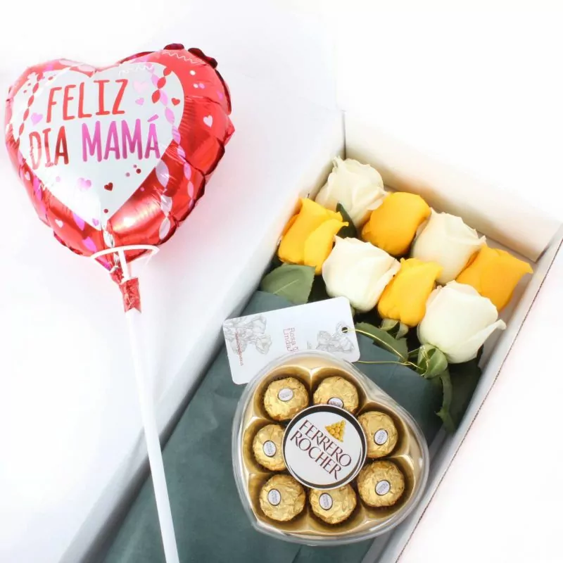 Pack FlowerBox Día de la Madre - Caja con 8 rosas mix amarillo y blanco, Ferrero Rocher corazón 100g y globo Feliz día Mamá