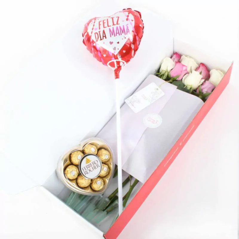 Foto 2 Pack FlowerBox Día de la Madre - Caja con 8 rosas mix lila y blanco, Ferrero Rocher corazón 100g y globo Feliz día Mamá