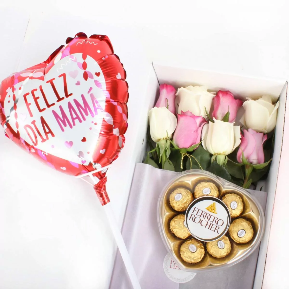 Foto principal Pack FlowerBox Día de la Madre - Caja con 8 rosas mix lila y blanco, Ferrero Rocher corazón 100g y globo Feliz día Mamá