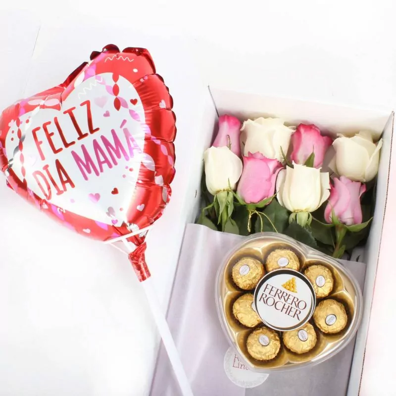 Pack FlowerBox Día de la Madre - Caja con 8 rosas mix lila y blanco, Ferrero Rocher corazón 100g y globo Feliz día Mamá