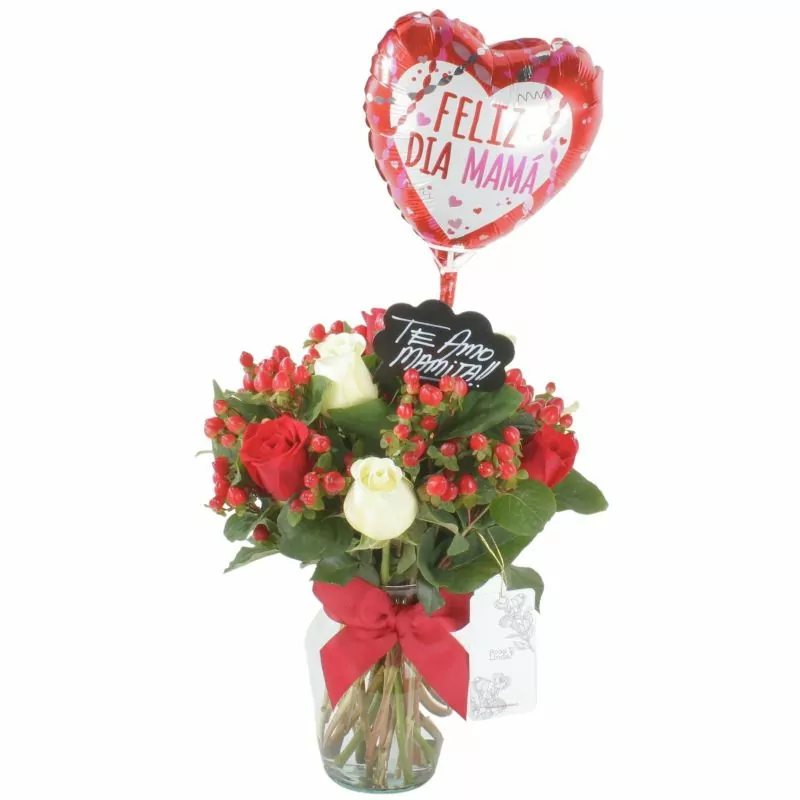 Reina Madre Rojo y Blanco - Florero con 9 rosas e hypericum, globo y pizarra