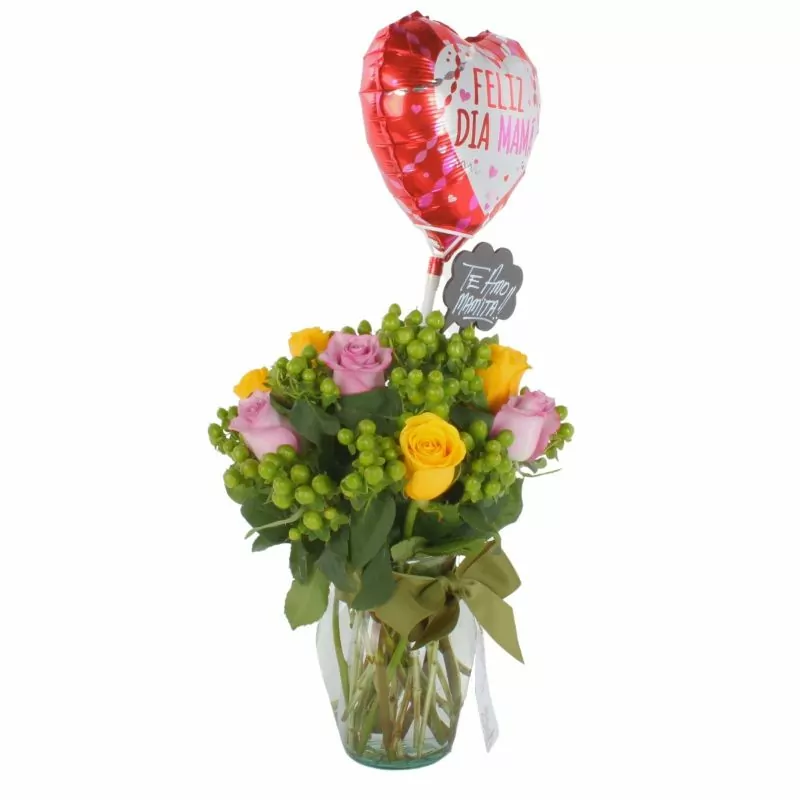 Foto 5 Reina Madre Amarillo y Lila - Florero con 9 rosas e hypericum, globo y pizarra