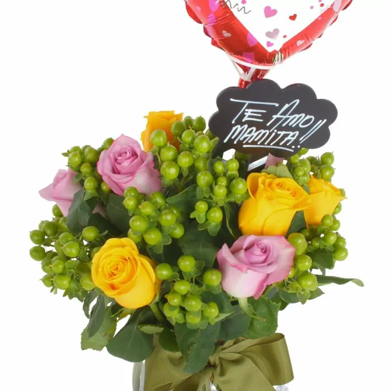 Foto 4 Reina Madre Amarillo y Lila - Florero con 9 rosas e hypericum, globo y pizarra