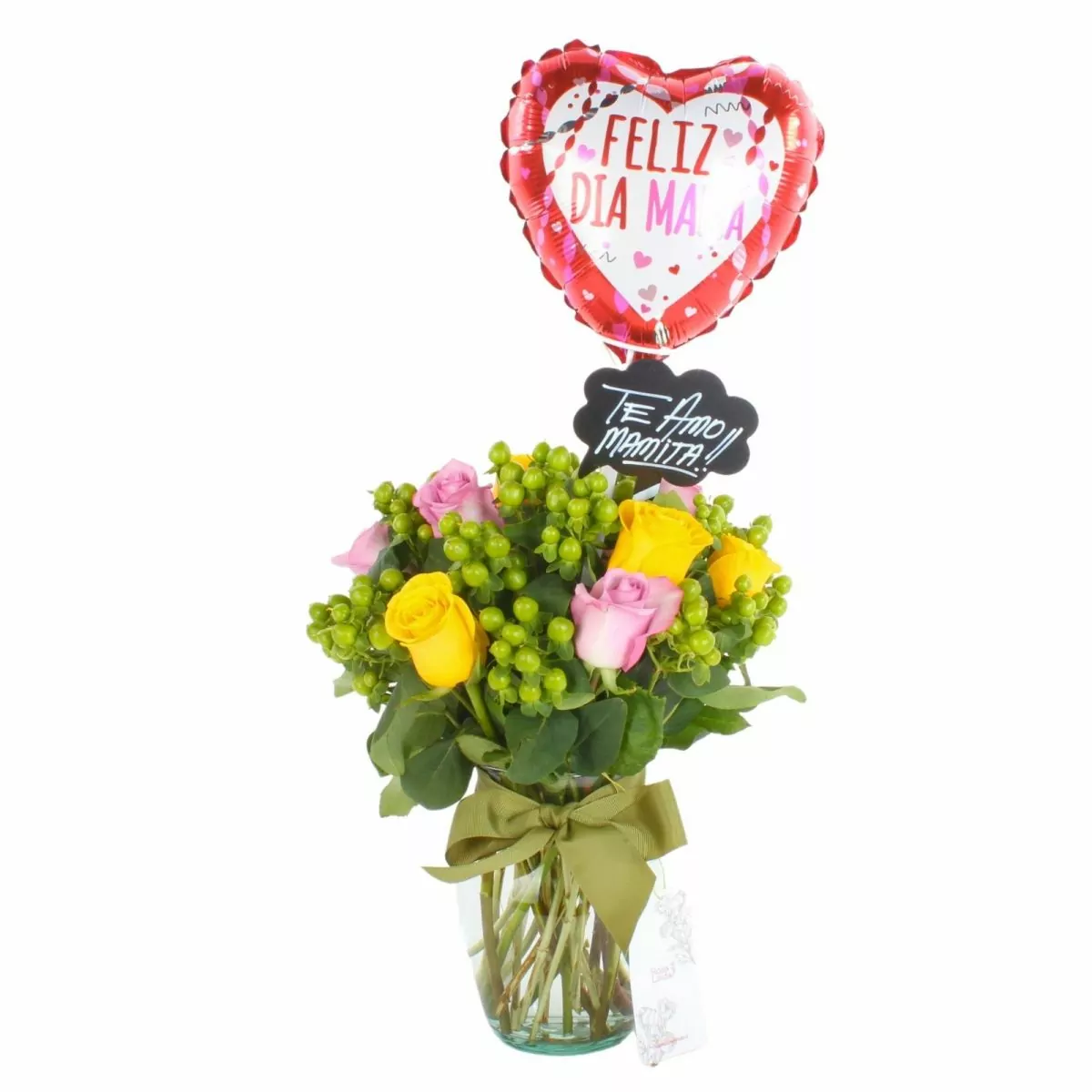 Foto principal Reina Madre Amarillo y Lila - Florero con 9 rosas e hypericum, globo y pizarra