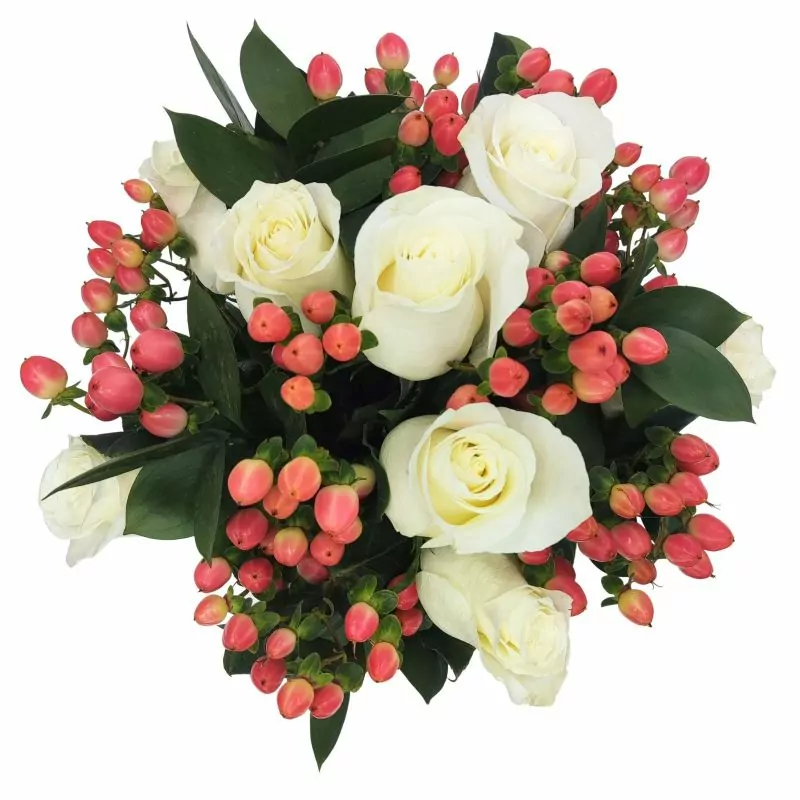 Foto 2 Pequeña Antonia Blanco - Florero transparente con 9 rosas e hypericum