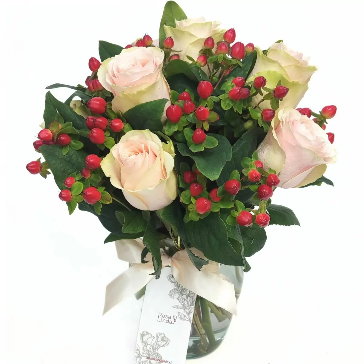 Foto principal Pequeña Antonia Damasco - Florero transparente con 9 rosas e hypericum