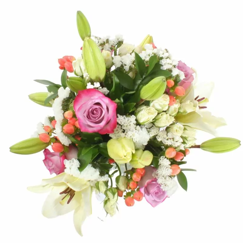 Foto 4 Silencio blanco y lila - Florero transparente con rosas, liliums y minirosas
