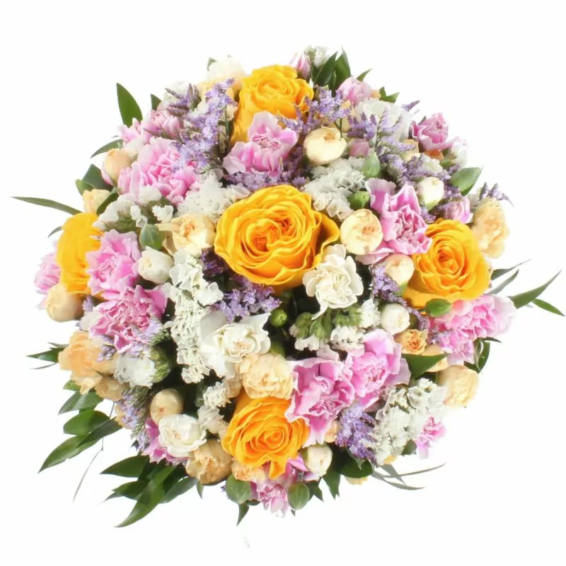 Foto 2 Colores de Frida amarillo en Florero - Florero gris con rosas, claveles, estate y limonium