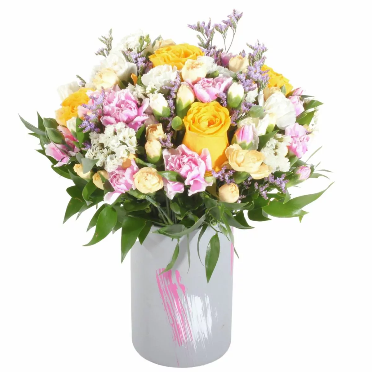 Foto principal Colores de Frida amarillo en Florero - Florero gris con rosas, claveles, estate y limonium