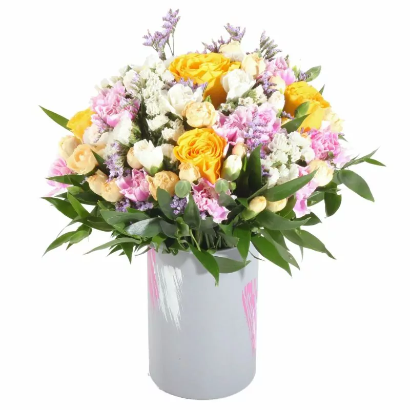 Foto 4 Colores de Frida amarillo en Florero - Florero gris con rosas, claveles, estate y limonium