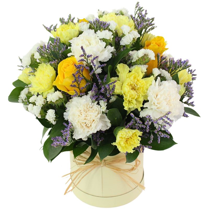 Colores de Frida amarillo en sombrerero - Arreglo floral con rosas, claveles, estate y limonium Colores de Frida amarillo en sombrerero - Arreglo floral con rosas, claveles, estate y limonium